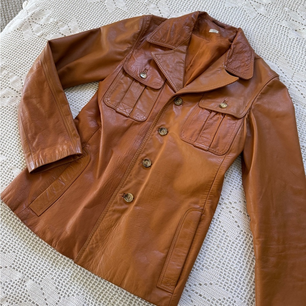 Vintage 100% leather cognac tan long line jacket small to medium euro 38 - Picture 8 of 17
